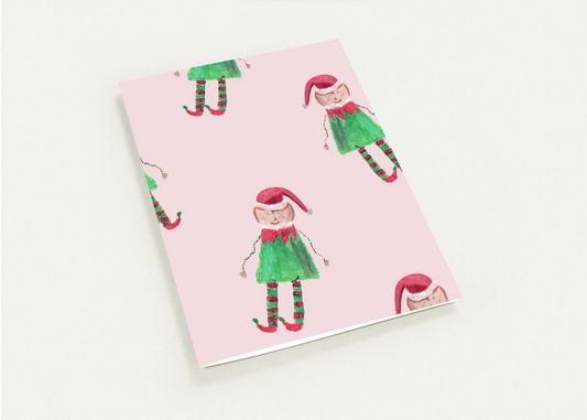 Elf Holiday Note Card Set – Pack of 10 (5 Pink + 5 Mint)